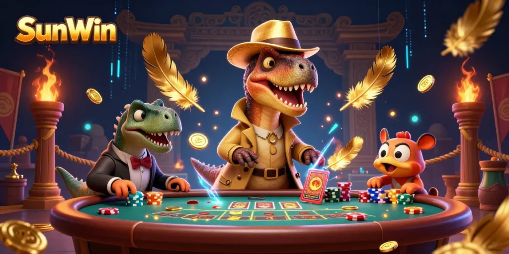 SunWin reveals a vibrant scene with a velociraptor card counter at a blackjack table, embodying thrilling gambling excitement.