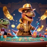 SunWin reveals a vibrant scene with a velociraptor card counter at a blackjack table, embodying thrilling gambling excitement.