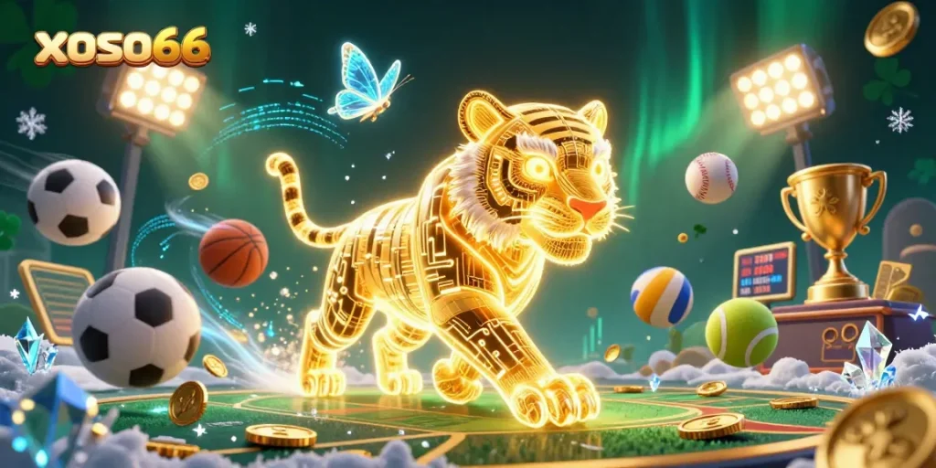 Experience xoso66's vibrant digital casino with golden tiger and dynamic sports elements.