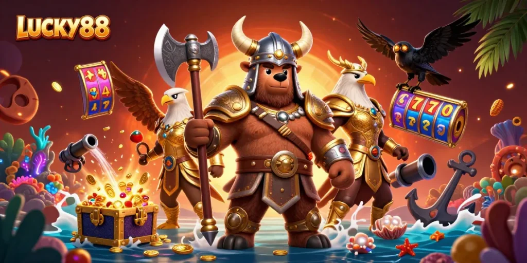 Experience the thrill of LUCKY88 with a dynamic casino scene featuring a Viking bear and Valkyrie eagle!