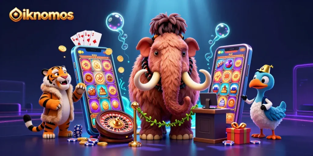 oikonomos showcases a vibrant casino scene with a woolly mammoth bouncer and a saber-tooth VIP.