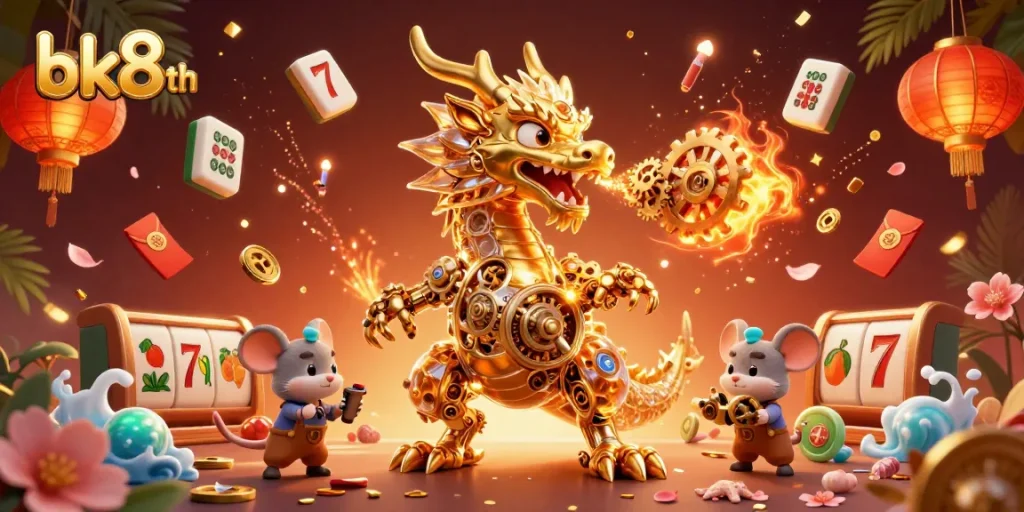 Engage in the world of bk8th with a 3D illustration of a golden dragon surrounded by dynamic casino elements.