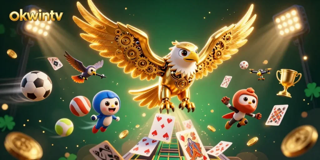 Experience the thrilling sports betting action at okwintv with a dynamic illustration showcasing soccer and gaming elements.