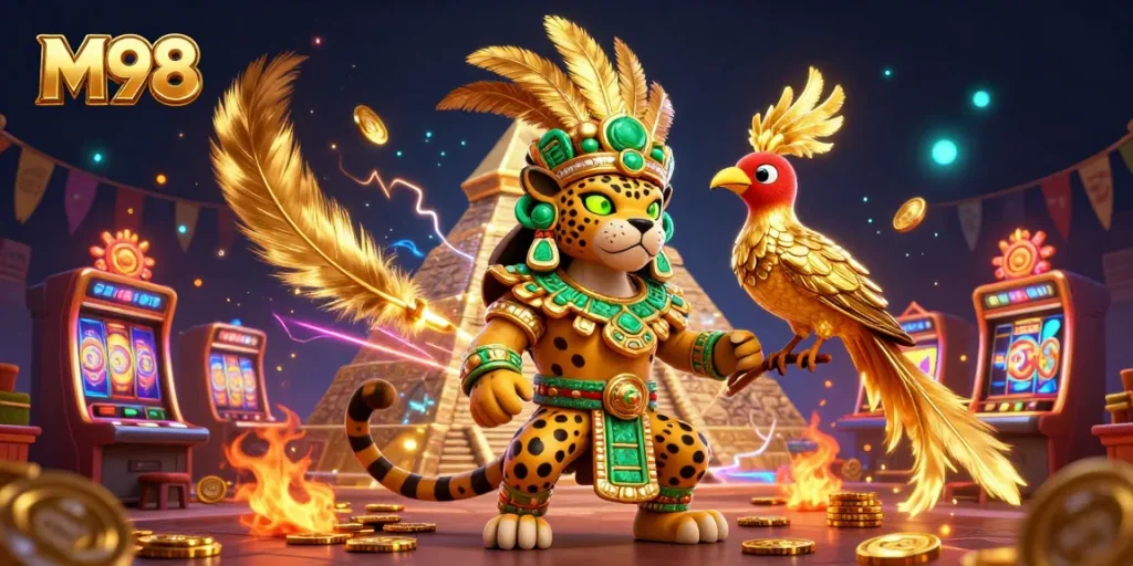 M98 Casino scene featuring a Mayan jaguar priest and quetzal bird among slots and golden coins.