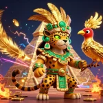 M98 Casino scene featuring a Mayan jaguar priest and quetzal bird among slots and golden coins.