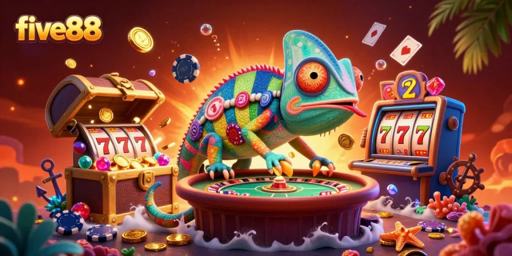 Experience the vibrant allure of five88 with a chameleon casino owner amid dazzling slot elements.