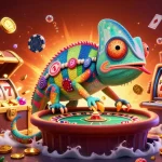 Experience the vibrant allure of five88 with a chameleon casino owner amid dazzling slot elements.