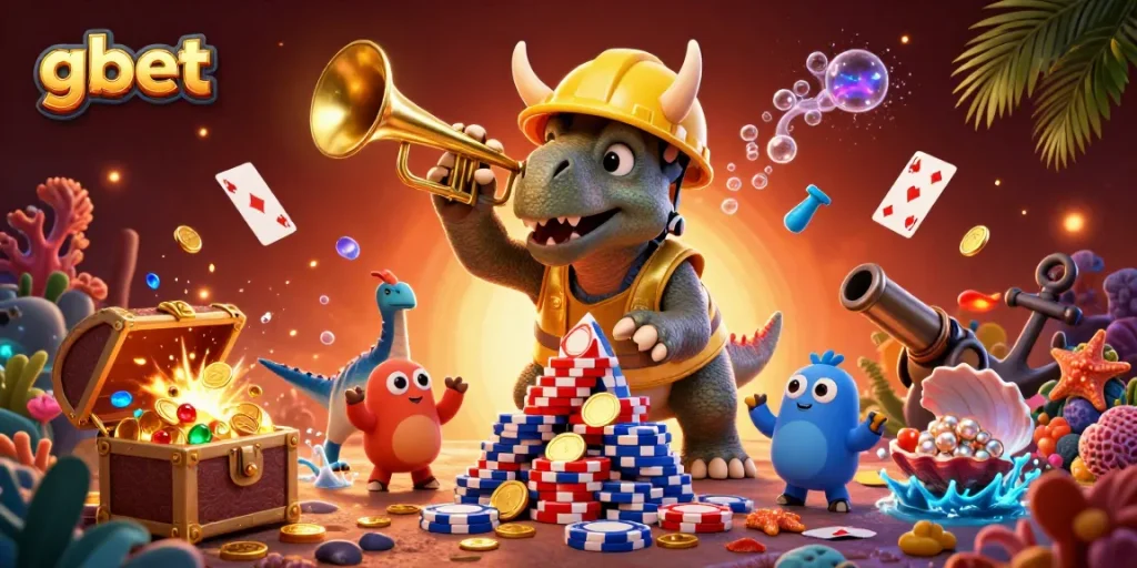 gbet players celebrate as a triceratops and parasaurolophus showcase poker chip skills in vibrant casino environment.