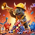 gbet players celebrate as a triceratops and parasaurolophus showcase poker chip skills in vibrant casino environment.