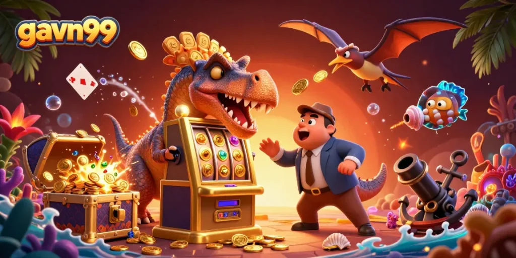 Engage with gavn99, where a dinosaur bursts a slot machine with coins in a vibrant casino scene.