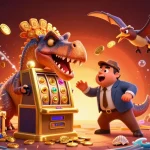 Engage with gavn99, where a dinosaur bursts a slot machine with coins in a vibrant casino scene.