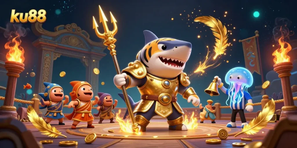Experience the thrill of ku88 with vibrant underwater gambling action featuring a tiger shark and cheering fish.