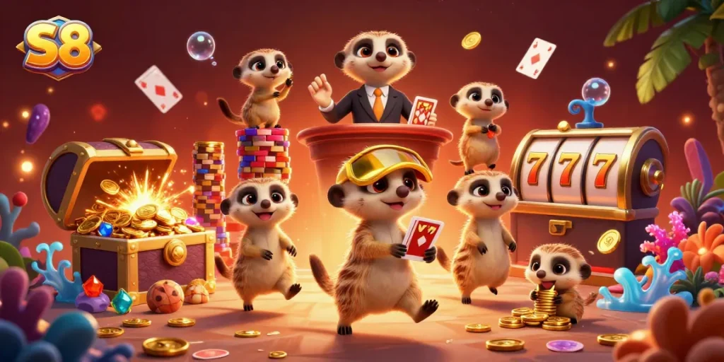S8 features a captivating meerkat casino scene with gold coins, glowing elements, and vibrant action.