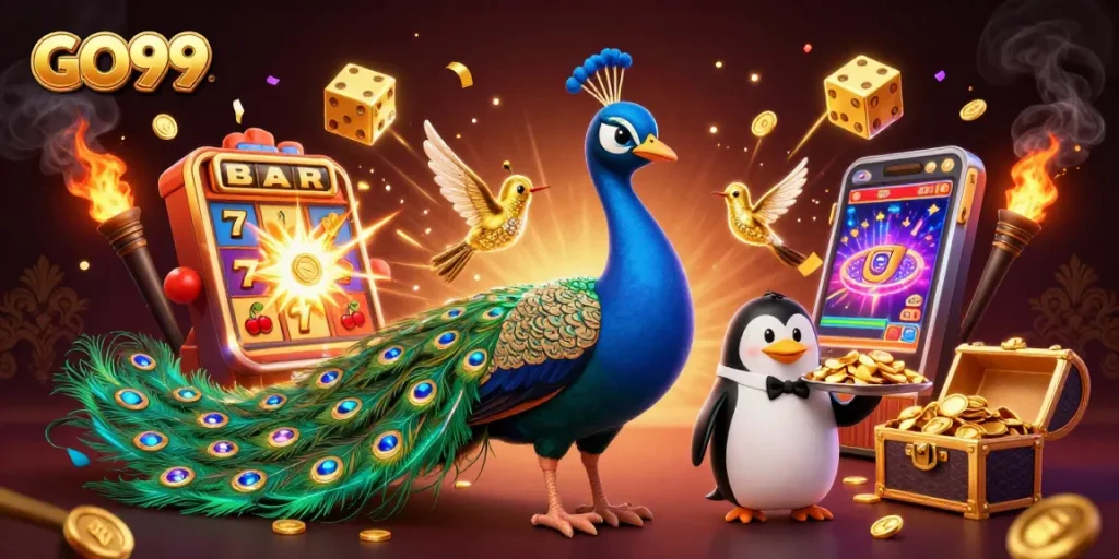 Experience the GO99 thrill with vibrant casino characters amid jackpot excitement and immersive gaming elements.
