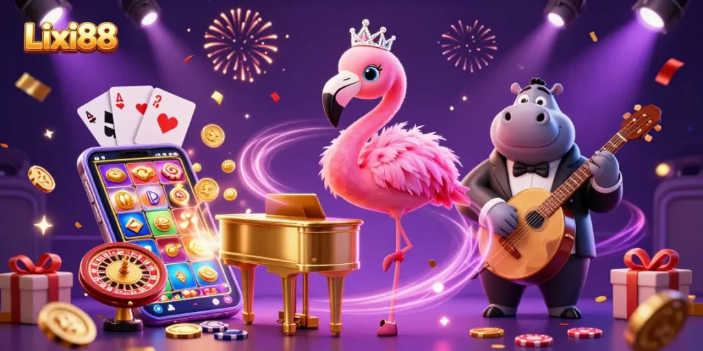 Lixi88 offers thrilling slots and casino experiences with vibrant elements and fun characters in a dazzling 3D scene.