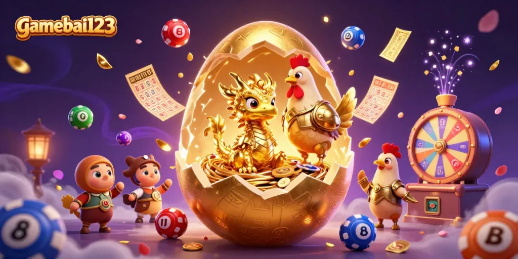 Experience the exciting world of gamebai123 with this vibrant illustration featuring a golden dragon and poker chips.