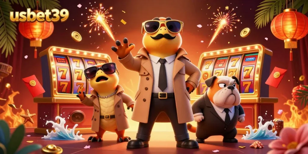 Join the fun at usbet39 with vibrant raptors sneakily entering a VIP casino lounge surrounded by exciting gambling elements.