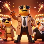 Join the fun at usbet39 with vibrant raptors sneakily entering a VIP casino lounge surrounded by exciting gambling elements.