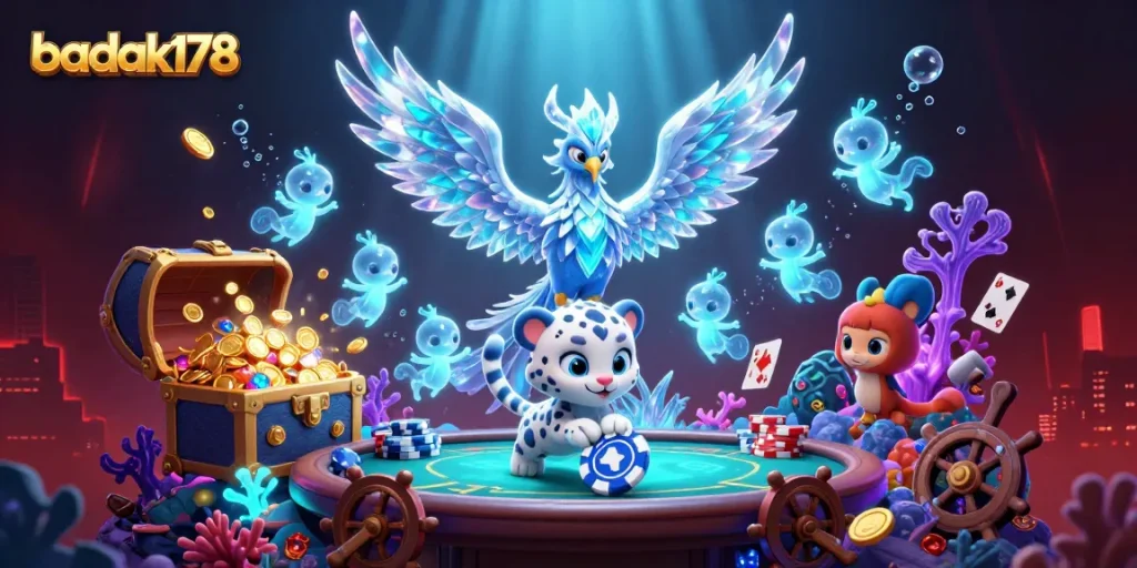 Engage with badak178's thrilling poker scene featuring an ice phoenix and vibrant casino elements.