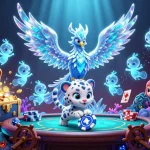 Engage with badak178's thrilling poker scene featuring an ice phoenix and vibrant casino elements.