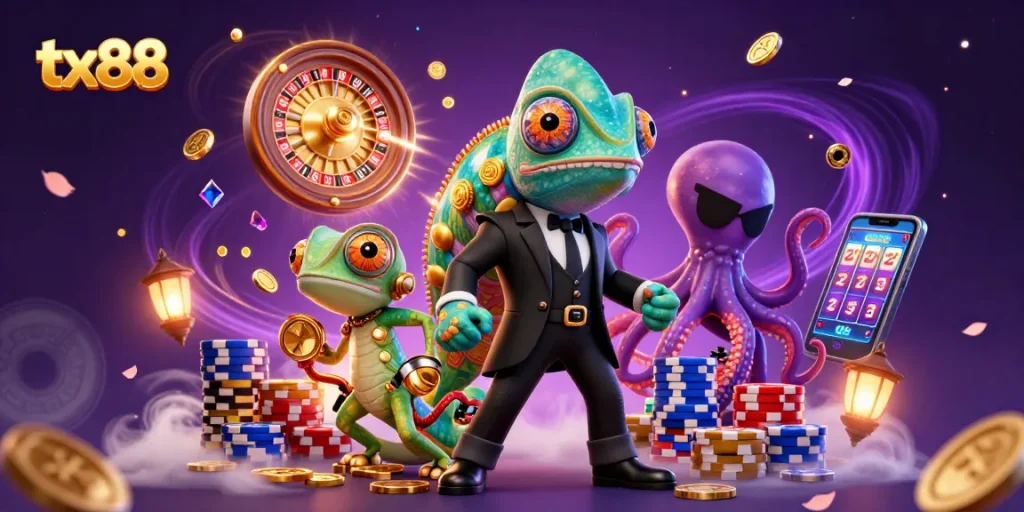 Experience the excitement of tx88 with a vibrant casino scene featuring colorful characters and dynamic elements.
