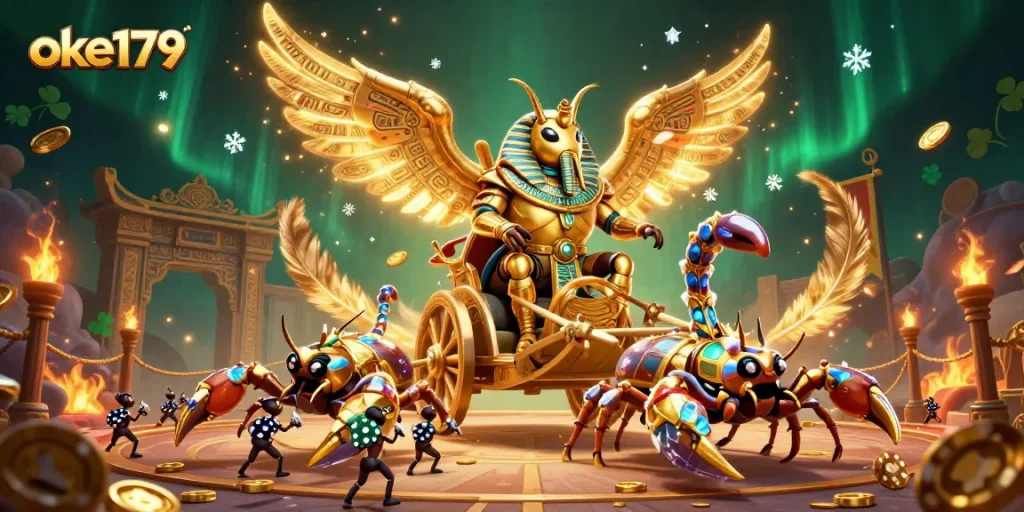 Experience exciting gameplay at oke179 with a vibrant illustration featuring a pharaoh beetle and scorpions.