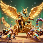 Experience exciting gameplay at oke179 with a vibrant illustration featuring a pharaoh beetle and scorpions.