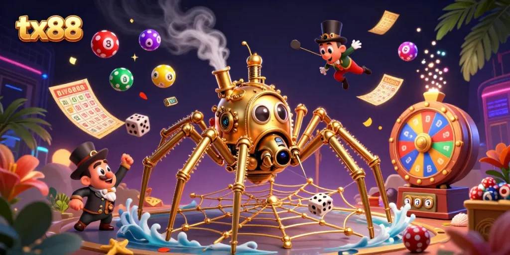 Experience thrilling gaming at tx88 with a vibrant scene of a whimsical steampunk spider and gaming elements.