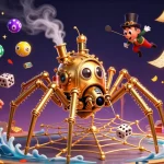Experience thrilling gaming at tx88 with a vibrant scene of a whimsical steampunk spider and gaming elements.