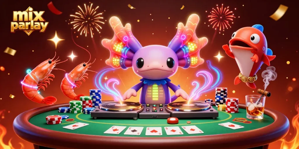 Engage in mix parlay betting with vibrant axolotl DJ and animated sea creatures at a lively poker scene.