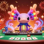 Engage in mix parlay betting with vibrant axolotl DJ and animated sea creatures at a lively poker scene.