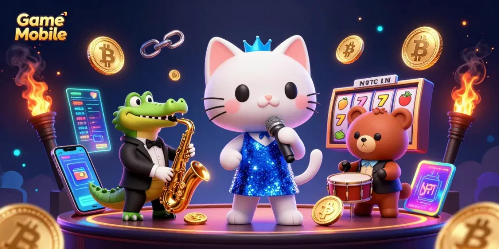 Engage in Game Mobile fun with a vibrant casino scene featuring a jazz-singer cat and crypto elements.