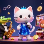 Engage in Game Mobile fun with a vibrant casino scene featuring a jazz-singer cat and crypto elements.