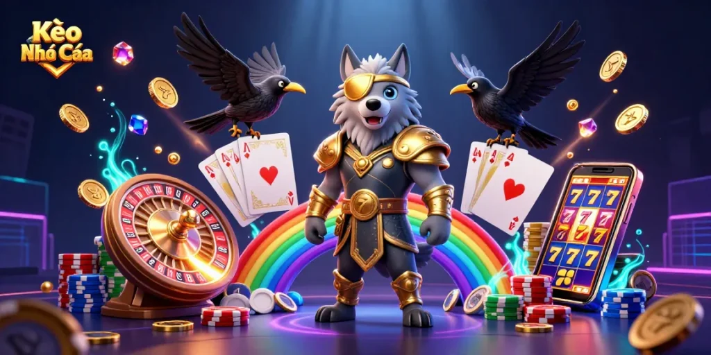 Kèo Nhà Cái showcases a vibrant casino world featuring Norse mythology elements with Odin and ravens among thrilling gaming visuals.