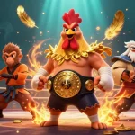Experience the thrilling action of F168 with a rooster champion and martial artists in a vibrant online casino setting.
