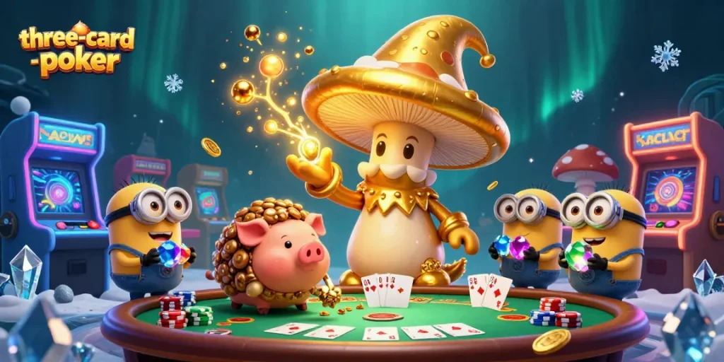 Engage in thrilling three-card-poker action surrounded by magical treasures and vibrant game elements.