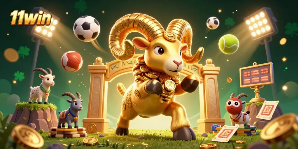 Engage with 11WIN's lively casino experience featuring a dynamic golden ram amidst sports elements and rich visuals.