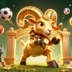 Engage with 11WIN's lively casino experience featuring a dynamic golden ram amidst sports elements and rich visuals.