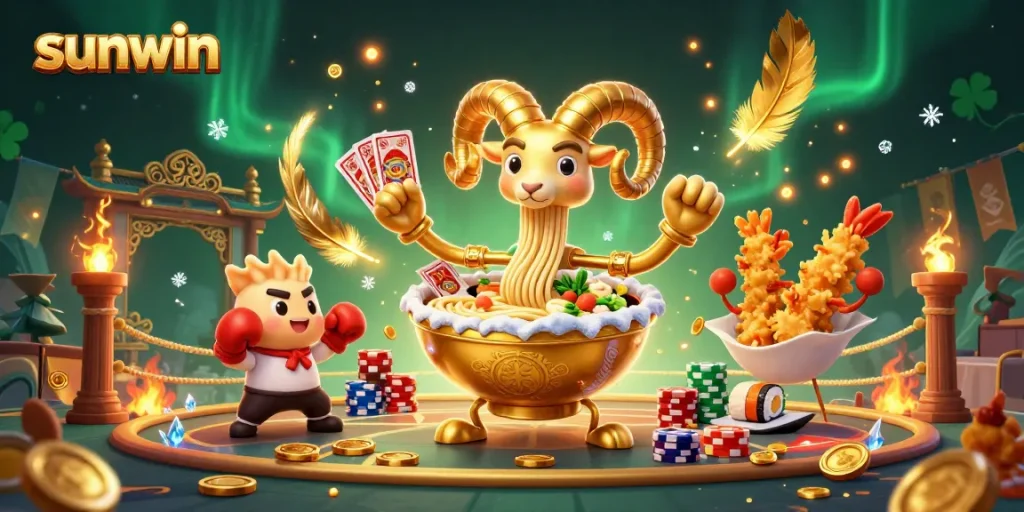Compete with the sunwin giant ramen bowl character stacking chips and dealing cards in a vibrant casino world.