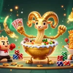 Compete with the sunwin giant ramen bowl character stacking chips and dealing cards in a vibrant casino world.