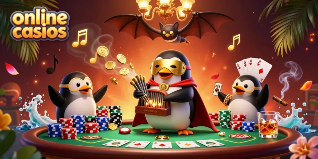 Experience thrilling online casinos with a penguin playing an organ, shooting gold coins.