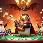 Experience thrilling online casinos with a penguin playing an organ, shooting gold coins.