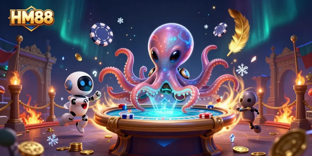 HM88 showcases a vivid scene with a cartoon alien octopus managing a poker table, creating excitement in online gaming.