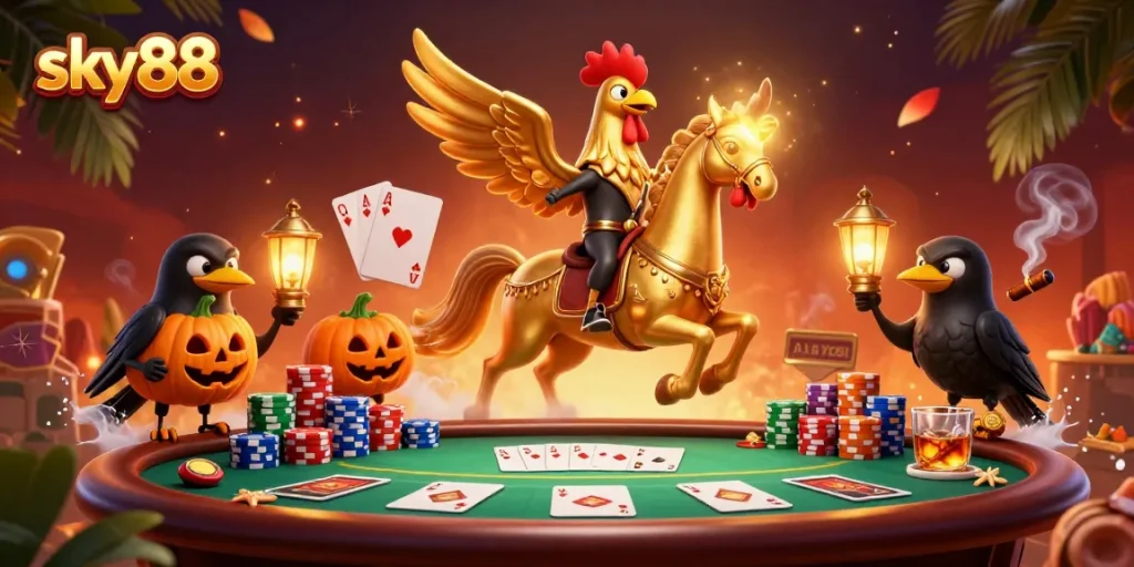 Experience thrilling gaming at sky88 with a golden rooster and spectral horse in a vibrant casino scene.