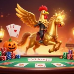 Experience thrilling gaming at sky88 with a golden rooster and spectral horse in a vibrant casino scene.