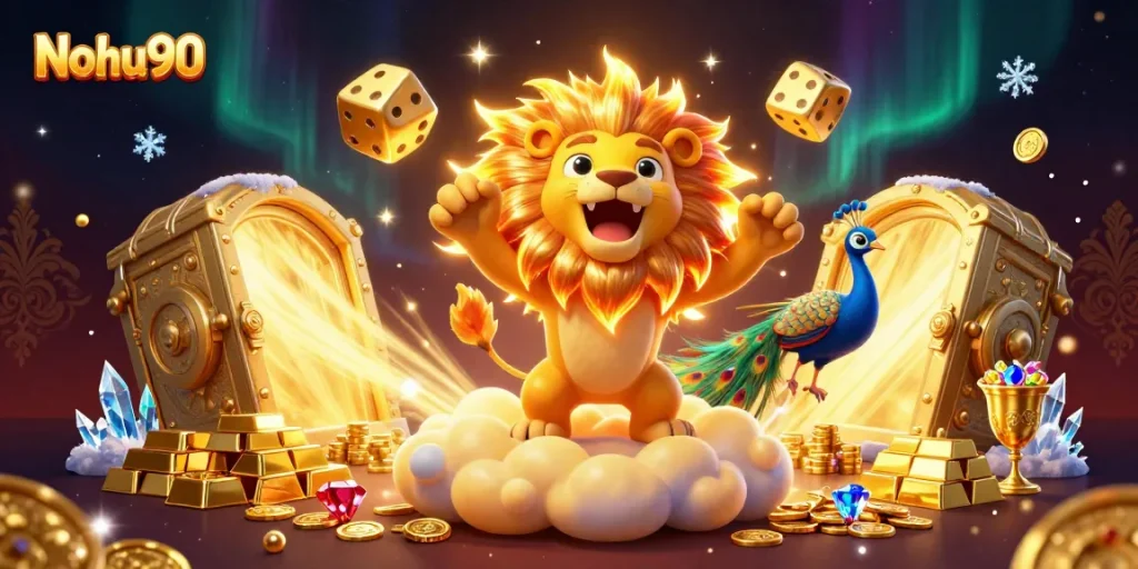 Nohu90 players celebrating big wins with gold coins and vibrant casino-themed elements.