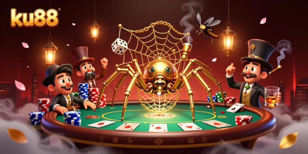ku88 depicts a steampunk spider artistically weaving golden chains and poker chips at a lively poker scene