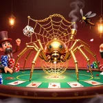 ku88 depicts a steampunk spider artistically weaving golden chains and poker chips at a lively poker scene