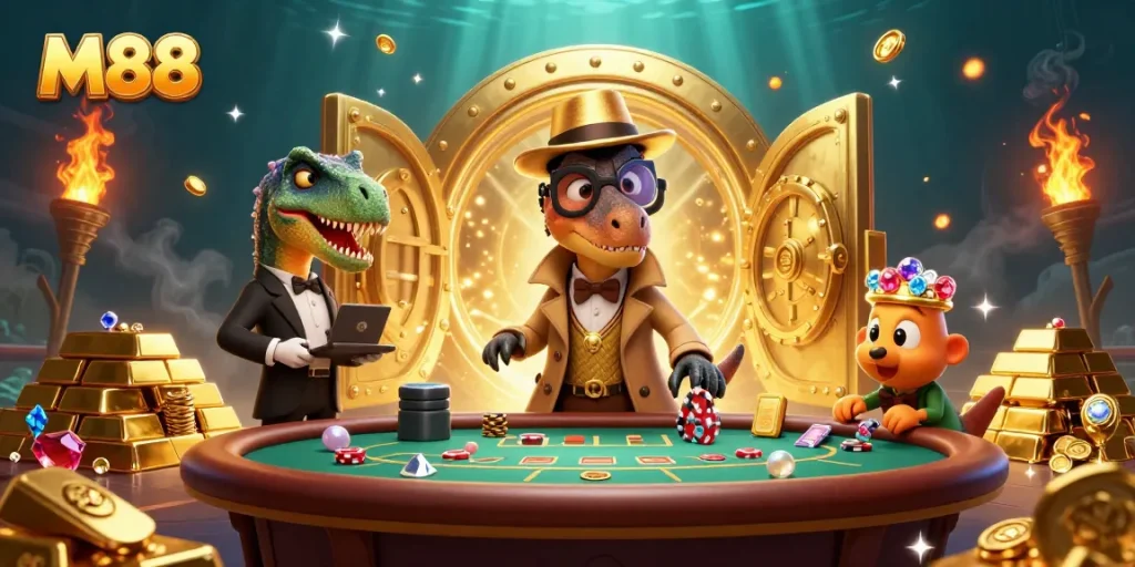 Experience the thrill of M88 with a velociraptor card counter surrounded by casino riches.