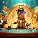Experience the thrill of M88 with a velociraptor card counter surrounded by casino riches.